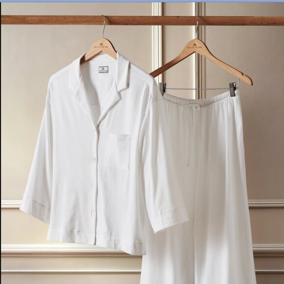 Petite Plume Olivia Wide Leg Pima Pajama Set in White Size Small - Picture 4 of 7